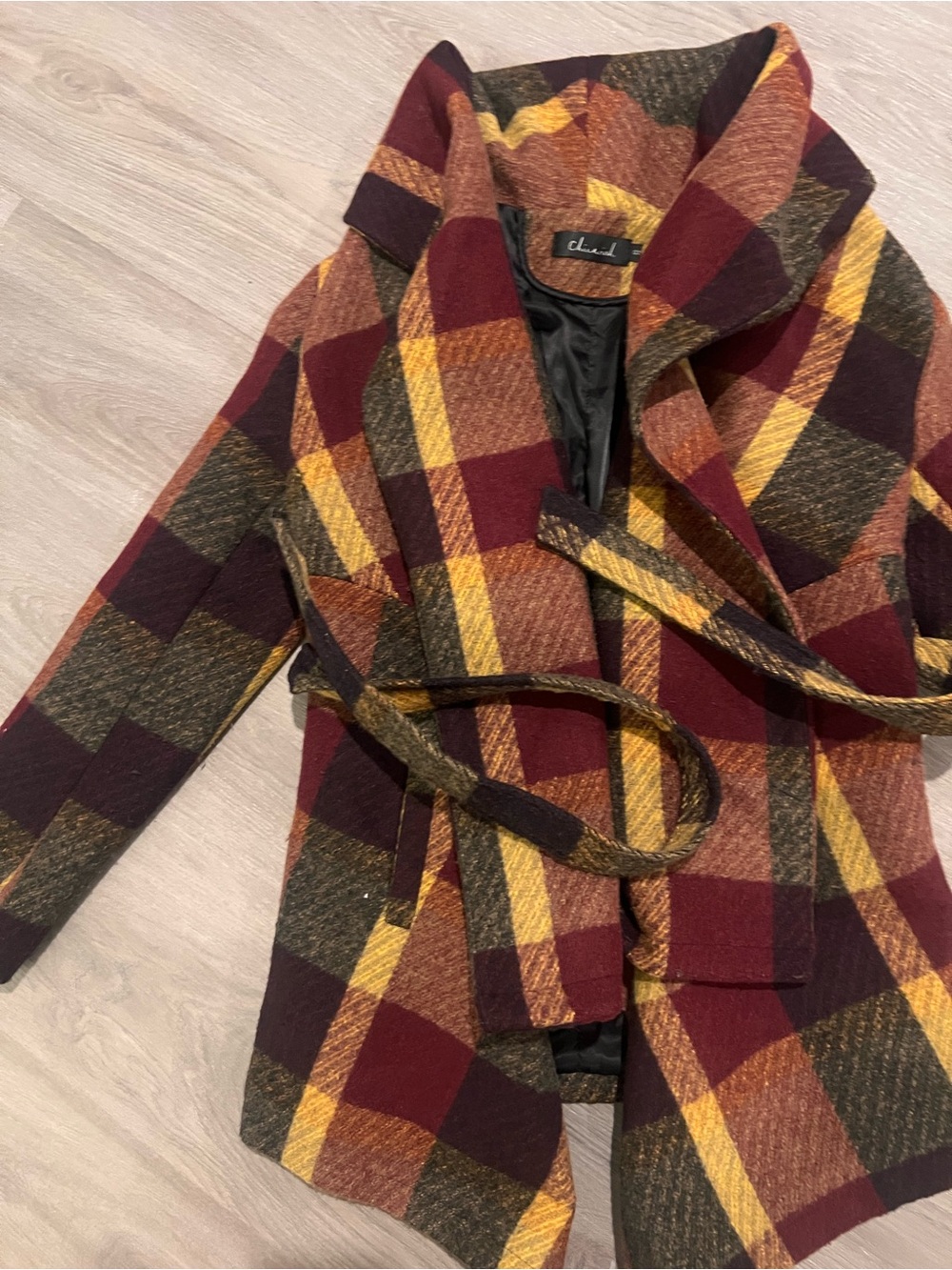 Chicwish Plaid Wrap Coat in Burgundy, Mustard & Olive size S - Picture 4 of 10